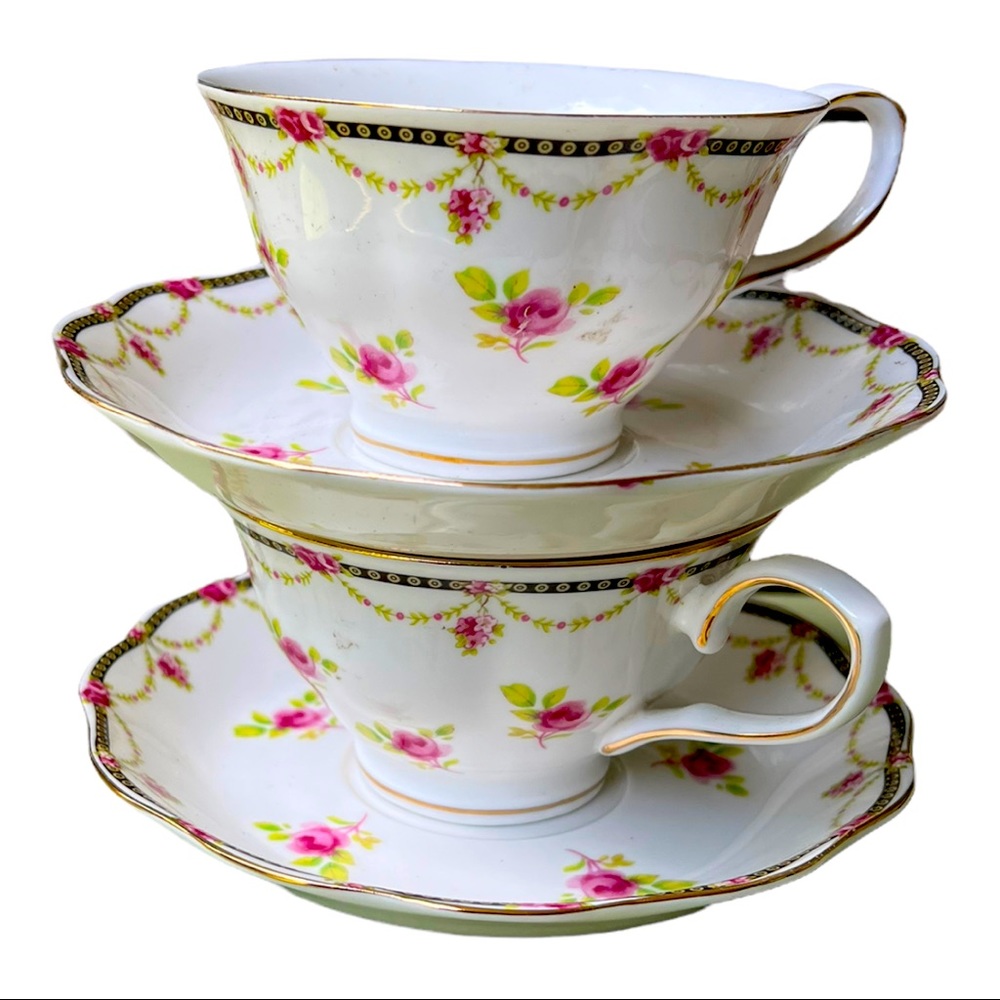 Grace Tea Ware Rose Teacup Saucer Set of Two Beautiful Rose Vintage Bone China